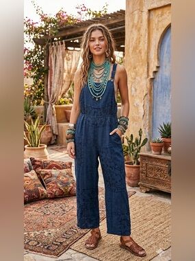 The Pyramid Collection Boho Patchwork Linen Jumpsuit Overalls small
